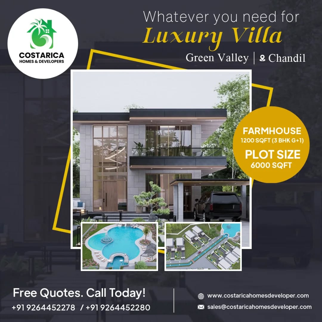 🌿 Escape to Green Valley – Where Luxury Meets Nature! 🏡✨
Imagine waking up to the sound of birds, a manmade waterfall, and a breathtaking resort-style home nestled in nature! 🌳🌊
📍 Location: Chandil
🏠 Farmhouse: 1200 SQFT (3 BHK G+1)
📏 Plot Size: 6000 SQFT
🌟 Exclusive Amenities:
✅ Manmade Waterfall – A serene touch of nature 💦
✅ 50 ft Road with Canal – Perfect for a scenic drive 🚗
✅ Badminton & Volleyball Court – Stay active & entertained 🏸🏐
✅ Tennis Court – Unleash the champion within 🎾
✅ Restaurant – Fine dining at your doorstep 🍽️
✅ Swimming Pool – Relax, unwind & refresh 🏊♂️
✅ Children’s Playground (1 Acre) – A fun paradise for little ones 🎠
💰 Limited Farmhouses Available – Book Now! 💰
📞 Call for a Free Quote:
📲 +91 9264452278 | +91 9264452280
🌐 Visit Us: www.costaricahomesdeveloper.com
📧 Email: sales@costaricahomesdeveloper.com
✨ 🏡 Your Dream Home Awaits – Let’s Make It a Reality! ✨
#GreenValley #LuxuryLiving #ResortLife #FarmhouseForSale #DreamHome #NatureRetreat #CostaRicaHomes #RealEstateInvestment #PeacefulLiving #VacationHome #ExclusiveLiving #ModernFarmhouse #LuxuryRetreat #SereneEscapei