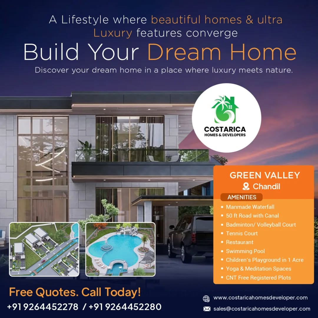 π‘β¨ Where Luxury Embraces Nature β¨π‘
Imagine waking up to the soothing sounds of a manmade waterfall, stepping out into lush green surroundings, and enjoying a morning walk beside a serene canal road. At Green Valley, Chandil, every day is a retreat β not just a residence, but a lifestyle.
From tennis matches and poolside relaxation to yoga under the sky and fine dining within the community, this is more than just landβit's where your dream home begins.
πΏ Discover a place where nature meets luxury.
π Build not just a home, but a legacy.
π Call now for a free quote and take your first step toward paradise.
π Location: Green Valley, Chandil
π² +91 9264452278 / +91 9264452280
π www.costaricahomesdeveloper.com
π§ sales@costaricahomesdeveloper.com
π Read the full story on our blog: https://www.costaricahomesdeveloper.com/blog
#DreamHome #LuxuryLiving #GreenValleyChandil #CostaricaHomes #NatureAndLuxury #RealEstateIndia #ChandilPlots #BuildYourDreamHome #PeacefulLiving #ModernLifestyle #PropertyInvestment #LuxuryAmenities #CNTFreePlots #HomeWithNature #LiveTheDream
