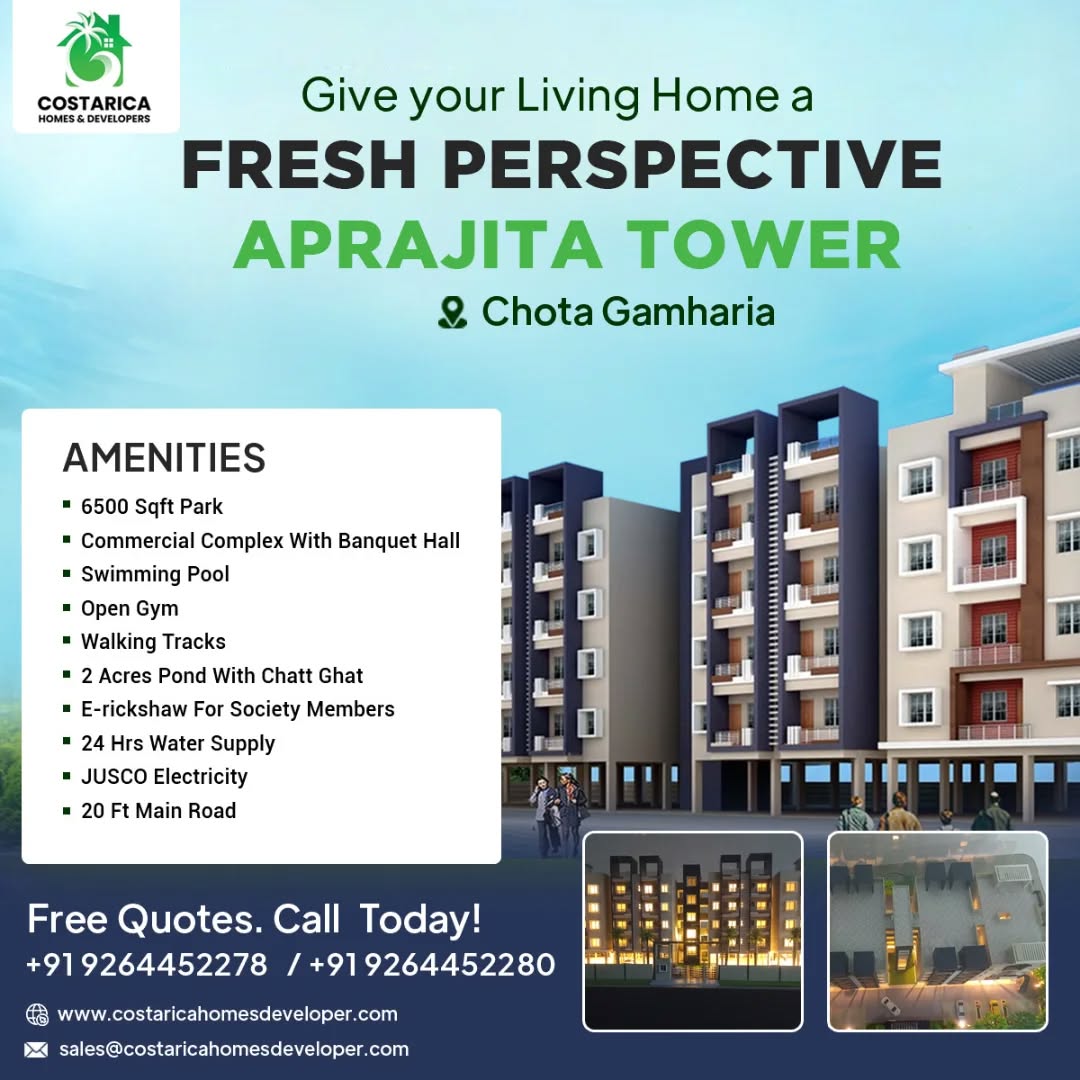 π’ Luxury Flats for Sale in Chota Gamharia!
π’ Welcome to Aprajita Tower, where comfort meets convenience. Choose from 2 & 3 BHK flats designed for your modern lifestyle.
β¨ Top-Class Amenities Include: β
6500 Sqft Park
β
Commercial Complex with Banquet Hall
β
Swimming Pool & Open Gym
β
2 Acres Pond with Chatt Ghat
β
24x7 Water Supply & JUSCO Electricity
β
E-rickshaw Facility for Residents
β
Easy Access to 20 Ft Main Road
π Call Now for Free Quotes:
π² +91 9264452278 | +91 9264452280
π www.costaricahomesdeveloper.com
π§ sales@costaricahomesdeveloper.com
#LuxuryLiving #FlatsForSale #ChotaGamharia #AprajitaTower #RealEstateIndia
#DreamHome #2BHK #3BHK #ModernLiving #JamshedpurHomes #HomeGoals
#RealEstateJamshedpur #PropertyInvestment #CostaricaHomes #NewHomeJourney
#OpenGym #SwimmingPool #GatedCommunity #AffordableLuxury #PropertyAlert