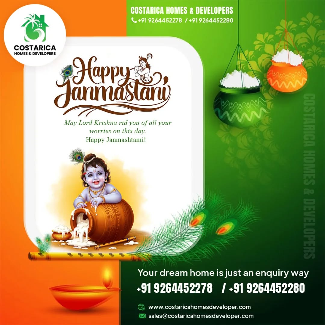 πΈβ¨ Happy Krishna Janmashtami! β¨πΈ
On this auspicious day, may Lord Krishna bless you with peace, happiness, and remove all your worries. ππ
Just like Krishna filled lives with joy, let us help you find your dream home filled with love and prosperity. π‘β¨
π Enquire today: +91 9264452278 | +91 9264452280
π Visit: www.costaricahomesdeveloper.com
---
#HappyJanmashtami #KrishnaJanmashtami #Janmashtami2025 #LordKrishna #KrishnaBlessings #FestivalOfJoy #CostaricaHomes #DreamHome #HomeSweetHome #CostaricaDevelopers #RealEstateVizag #CelebrateWithUs
---