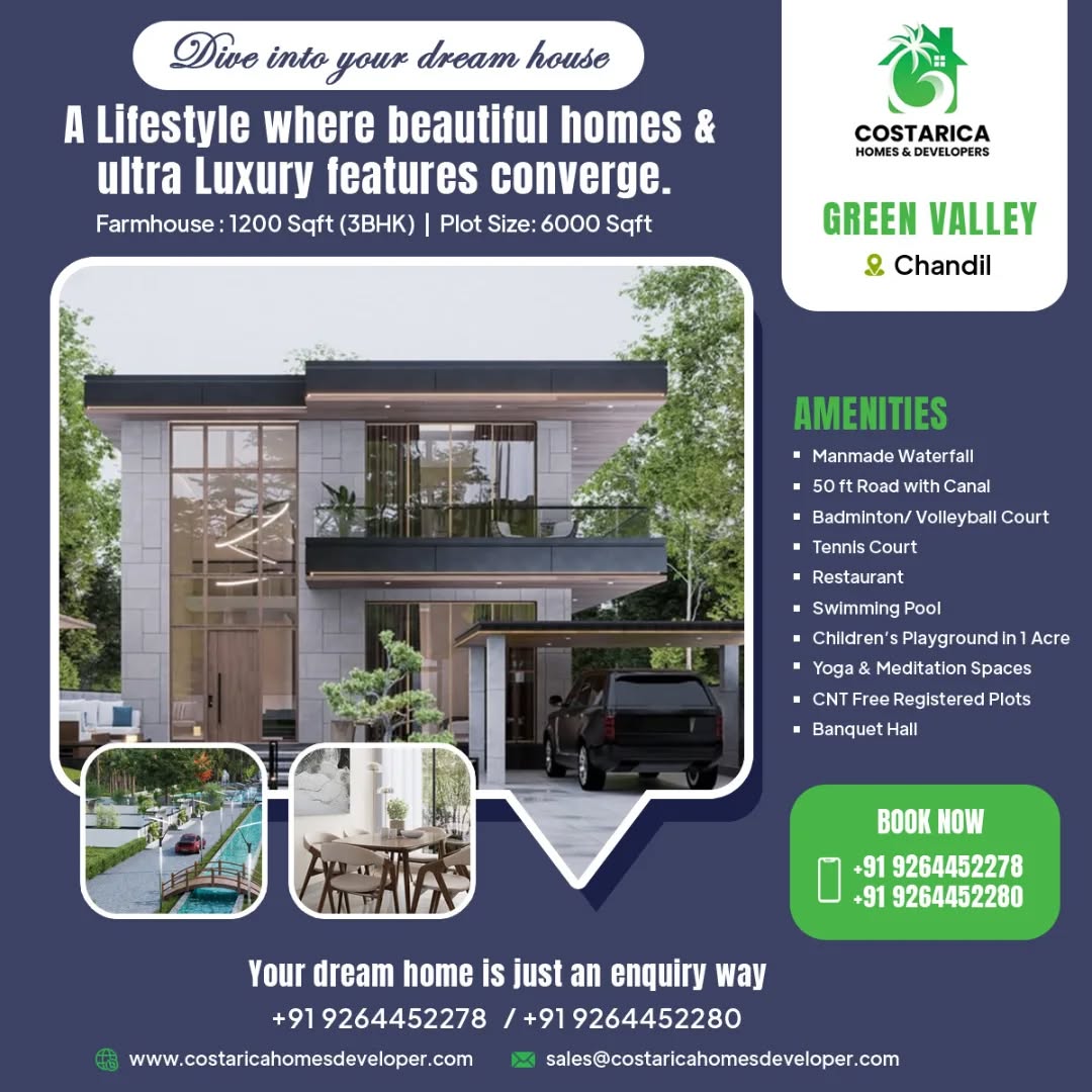 β¨ Dive Into Your Dream House β Green Valley, Chandil β¨
Experience a lifestyle where beautiful homes & ultra-luxury features converge.
Presenting 3BHK Farmhouses (1200 Sqft) on spacious 6000 Sqft plots by Costa Rica Homes & Developers.
π‘ Why Choose Green Valley?
βοΈ Manmade Waterfall
βοΈ 50 ft Road with Canal
βοΈ Badminton / Volleyball Court
βοΈ Tennis Court
βοΈ Restaurant & Banquet Hall
βοΈ Swimming Pool
βοΈ Childrenβs Playground in 1 Acre
βοΈ Yoga & Meditation Spaces
βοΈ CNT Free Registered Plots
π Location: Chandil β A green escape with luxury living.
π Book Your Dream Home Today:
+91 9264452278 | +91 9264452280
π Visit: www.costaricahomesdeveloper.com
π© Mail: sales@costaricahomesdeveloper.com
β
Your dream home is just an enquiry away!
#DreamHome #LuxuryLiving #FarmhouseLife #GreenValleyChandil #CostaRicaHomes #ModernLiving #LifestyleUpgrade #LuxuryFarmhouse #RealEstateIndia #InvestInProperty #HolidayHome #VillaLife #ResortStyleLiving #ChandilHomes #PropertyInvestment #FarmhouseForSale #LuxuryRealEstate