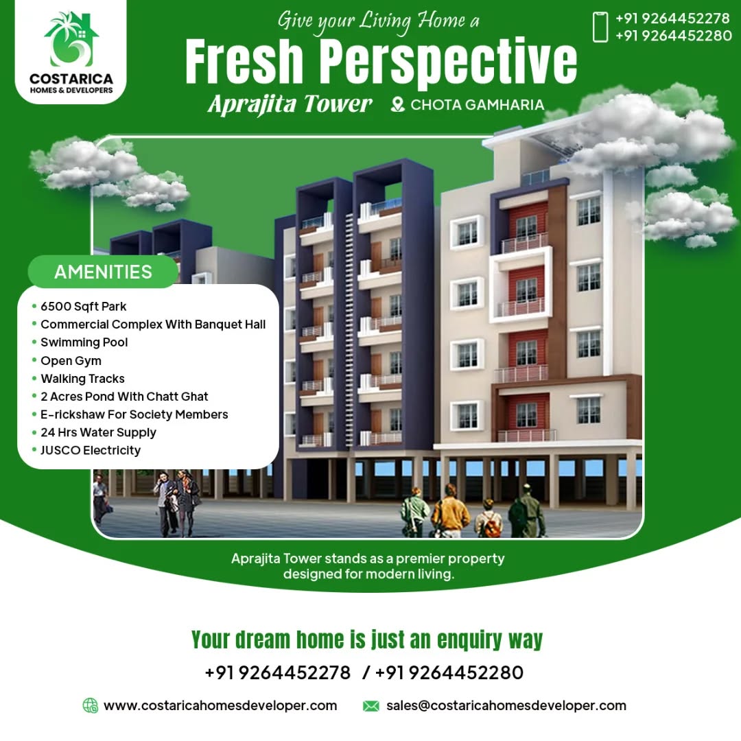 β¨ Give your living home a Fresh Perspective with Aprajita Tower, Chota Gamharia by Costarica Homes & Developers.
Enjoy premium amenities like a 6500 sqft park, swimming pool, open gym, banquet hall, walking tracks, pond with Chatt Ghat, 24x7 water supply, and much more. π‘
Your dream home is just an enquiry away β call us today! π
#CostaricaHomes #AprajitaTower #ChotaGamharia #DreamHome #LuxuryLiving #ModernLifestyle #RealEstate #PropertyForSale #DreamApartment #PremiumLiving #SmartInvestment #LuxuryHomes #RealEstateIndia #HomeSweetHome #FutureReadyLiving