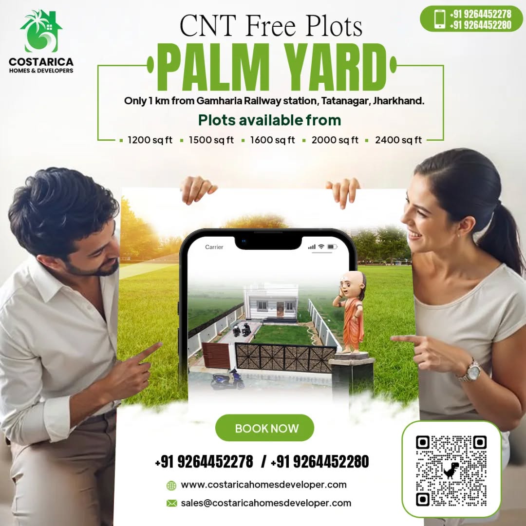 π΄ Own Your Dream Plot at Palm Yard β CNT Free Plots in Tatanagar, Jharkhand!
Looking for the perfect residential plot?
Just 1 km from Gamharia Railway Station, Tatanagar β your dream location awaits!
π Plot sizes available:
β
1200 sq ft
β
1500 sq ft
β
1600 sq ft
β
2000 sq ft
β
2400 sq ft
β¨ Secure your future with Costarica Homes & Developers β where investment meets growth.
π Call Now: +91 9264452278 / +91 9264452280
π www.costaricahomesdeveloper.com
π§ sales@costaricahomesdeveloper.com
#PalmYard #CNTFreePlots #TatanagarPlots #Gamharia #JharkhandRealEstate #PlotsForSale #DreamHome #InvestInProperty #LandInvestment #FutureHome #PropertyInJharkhand #RealEstateIndia #SecureYourFuture #HomeInvestment