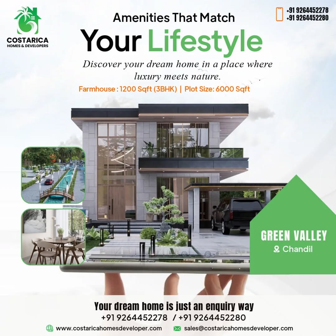 β¨ Amenities That Match Your Lifestyle β¨
π‘ Discover Your Dream Home at Green Valley, Chandil
Experience a perfect blend of luxury and nature with our beautifully designed farmhouses.
β
Farmhouse Size: 1200 Sqft (3BHK)
β
Plot Size: 6000 Sqft
β
Modern Amenities & Serene Surroundings
β
Spacious Living & Premium Design
Your dream home is just an enquiry away!
π Call/WhatsApp: +91 9264452278 / +91 9264452280
π Visit: www.costaricahomesdeveloper.com
π§ Mail: sales@costaricahomesdeveloper.com
π Perfect for luxury living, weekend getaways, or investment opportunities.
#LuxuryHomes #DreamHome #FarmhouseLiving #LifestyleUpgrade #ModernLiving #GreenValley #Chandil #NatureAndLuxury #RealEstateIndia #CostaricaHomes #PropertyInvestment #DreamLiving #JharkhandRealEstate #RanchiProperty #JamshedpurProperty #DhanbadProperty #TopPropertyDealers #JharkhandHomes #RealEstateJharkhand #PropertyConsultants