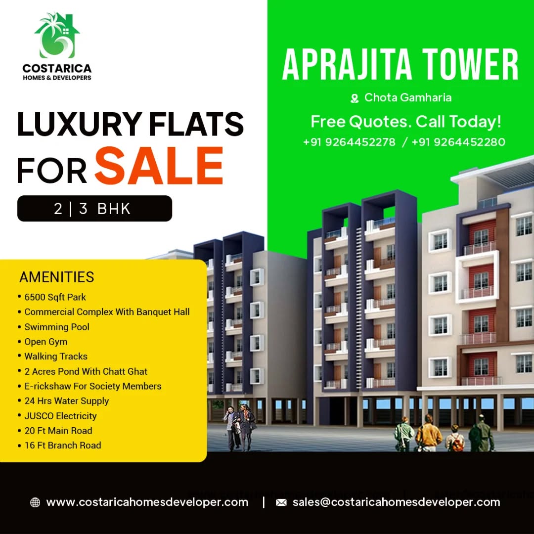 π’ Luxury Flats for Sale in Chota Gamharia!
π’ Welcome to Aprajita Tower, where comfort meets convenience. Choose from 2 & 3 BHK flats designed for your modern lifestyle.
β¨ Top-Class Amenities Include: β
6500 Sqft Park
β
Commercial Complex with Banquet Hall
β
Swimming Pool & Open Gym
β
2 Acres Pond with Chatt Ghat
β
24x7 Water Supply & JUSCO Electricity
β
E-rickshaw Facility for Residents
β
Easy Access to 20 Ft Main Road
π Call Now for Free Quotes:
π² +91 9264452278 | +91 9264452280
π www.costaricahomesdeveloper.com
π§ sales@costaricahomesdeveloper.com
#LuxuryLiving #FlatsForSale #ChotaGamharia #AprajitaTower #RealEstateIndia
#DreamHome #2BHK #3BHK #ModernLiving #JamshedpurHomes #HomeGoals
#RealEstateJamshedpur #PropertyInvestment #CostaricaHomes #NewHomeJourney
#OpenGym #SwimmingPool #GatedCommunity #AffordableLuxury #PropertyAlert
