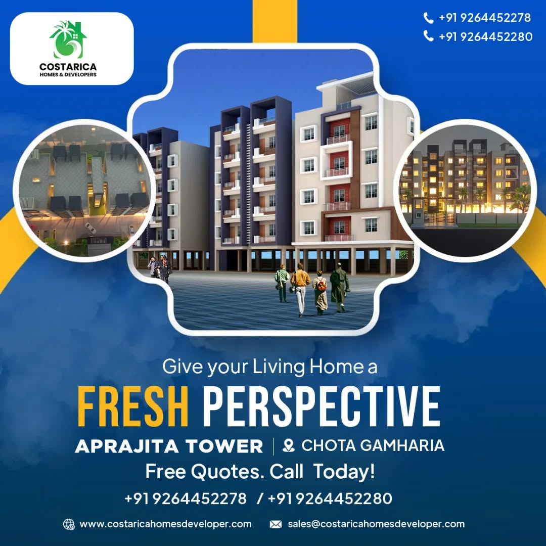 π’ Luxury Flats for Sale in Chota Gamharia!
π’ Welcome to Aprajita Tower, where comfort meets convenience. Choose from 2 & 3 BHK flats designed for your modern lifestyle.
β¨ Top-Class Amenities Include: β
6500 Sqft Park
β
Commercial Complex with Banquet Hall
β
Swimming Pool & Open Gym
β
2 Acres Pond with Chatt Ghat
β
24x7 Water Supply & JUSCO Electricity
β
E-rickshaw Facility for Residents
β
Easy Access to 20 Ft Main Road
π Call Now for Free Quotes:
π² +91 9264452278 | +91 9264452280
π www.costaricahomesdeveloper.com
π§ sales@costaricahomesdeveloper.com
#LuxuryLiving #FlatsForSale #ChotaGamharia #AprajitaTower #RealEstateIndia
#DreamHome #2BHK #3BHK #ModernLiving #JamshedpurHomes #HomeGoals
#RealEstateJamshedpur #PropertyInvestment #CostaricaHomes #NewHomeJourney
#OpenGym #SwimmingPool #GatedCommunity #AffordableLuxury #PropertyAlert